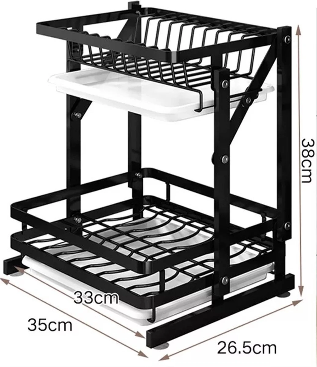 TammaT - Afdruiprek Met Lekbak 2 Laags – Inklapbaar - Afwasrek – Met 2 Lekbakken – Extra Accessories Voor Servies En Snijplanken - RVS - 38x35x26,5cm - Afbeelding 2