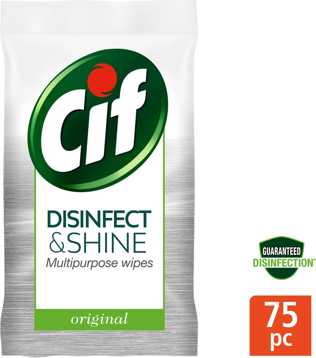 Cif Disinfect & Shine Wipes Doden 99,99% Van De Bacteriën Original Desinfecterende Schoonmaakdoekjes, Van 100% Biologisch Afbreekbaar Textiel 5 X 75 Doekjes - Afbeelding 2