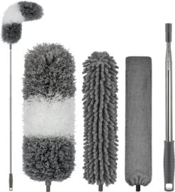 Novabeau® - Telescopische Plumeau – Plumeau Met Telescoopsteel – Ragebol – Uitschuifbaar – Grijs – 3-delige Set