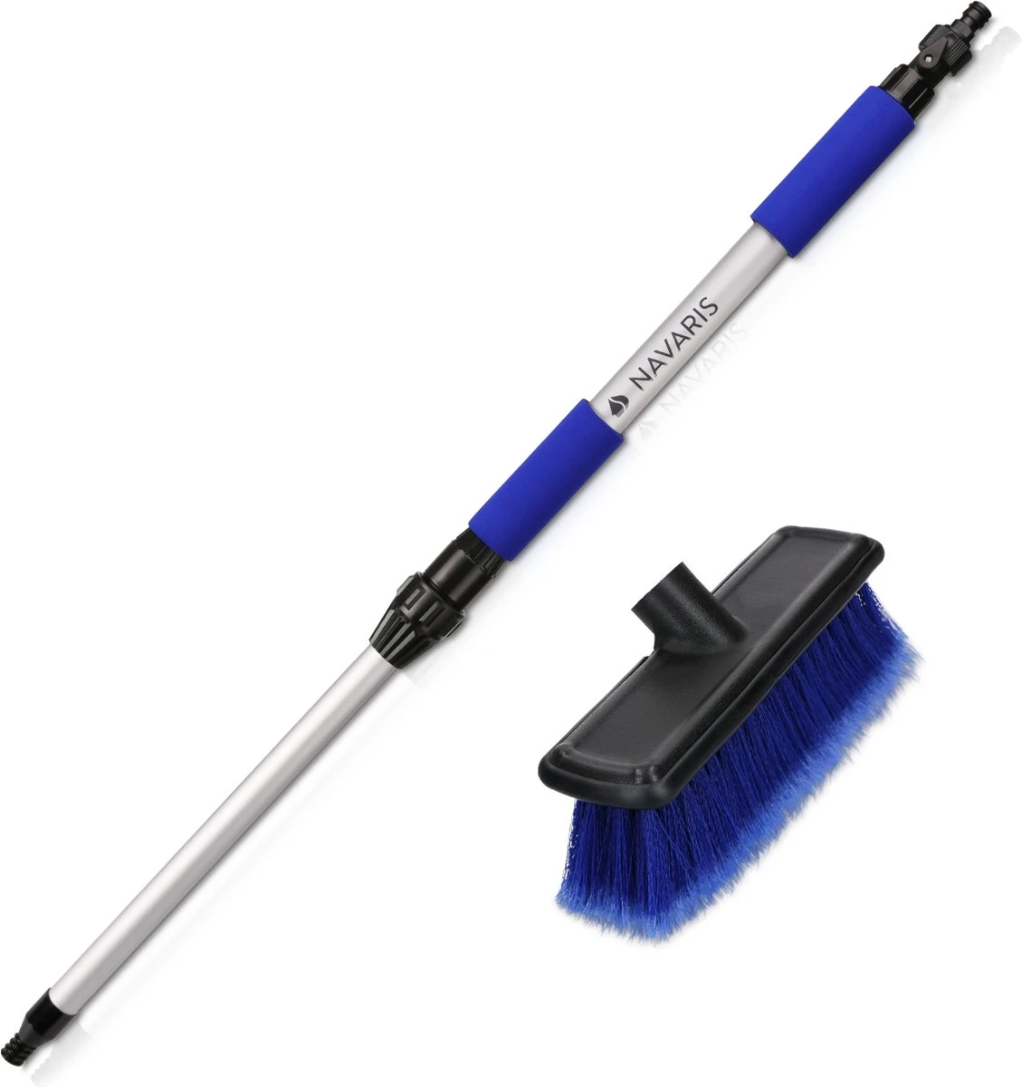 Navaris Telescopische Autowasborstel - Watergevoerde Wasborstel Voor Auto's En Ramen Met Uitschuifbare Lange Handgreep En Zachte Haren - Blauw - Afbeelding 2