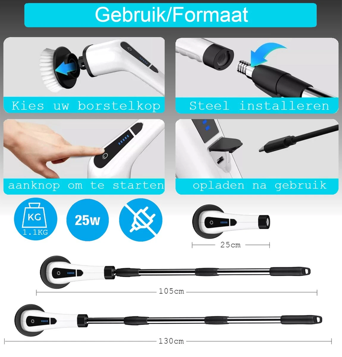 Merkloos Scrubclean Elektrische Schoonmaakborstel-7 In 1 Schrobber Met Steel-2 Standen Poetsmachine-max 130cm-badkamer/keuken/auto +gratis Houder - Afbeelding 6