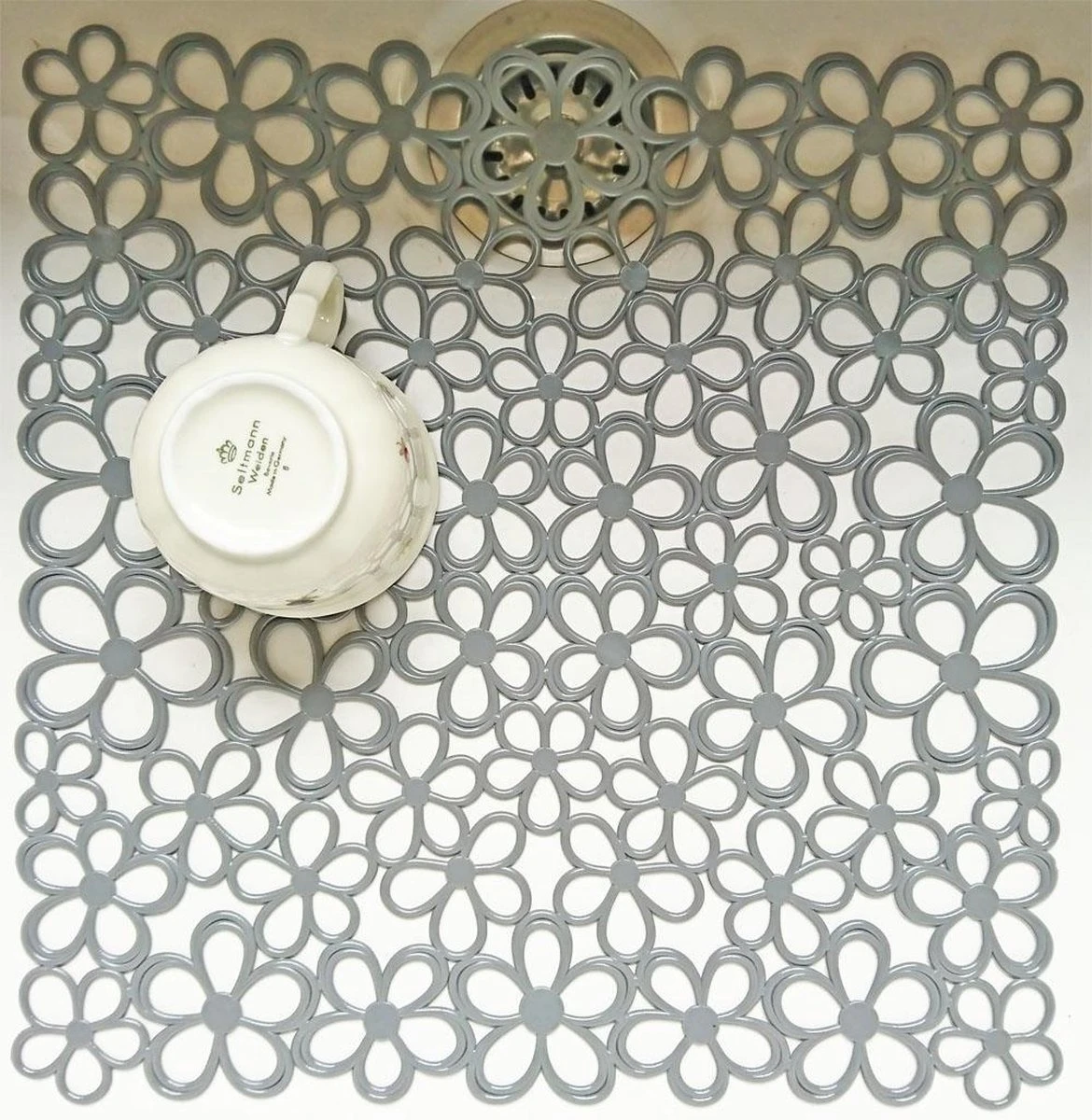 Merkloos Papillon - 2 Stuks Gootsteenmat - Bloem Grijs - 31,5 X 31,5 Cm - Afbeelding 2