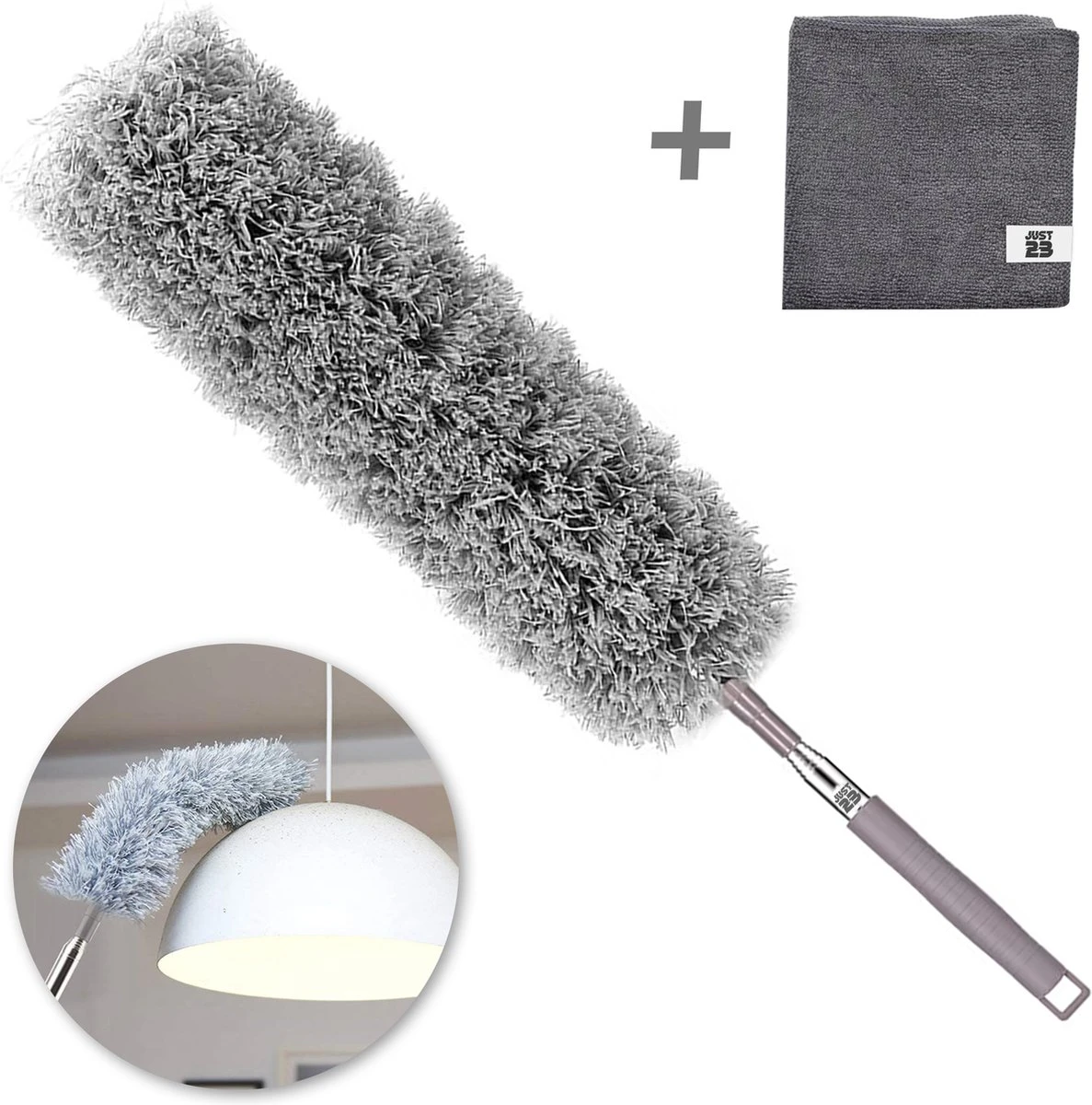 JUST23 Plumeau Uitschuifbaar Met Telescoopsteel – 60 Tot 140 Cm – Ragebol – Stoffer – Duster – Grijs – Incl. Microfiber Doek