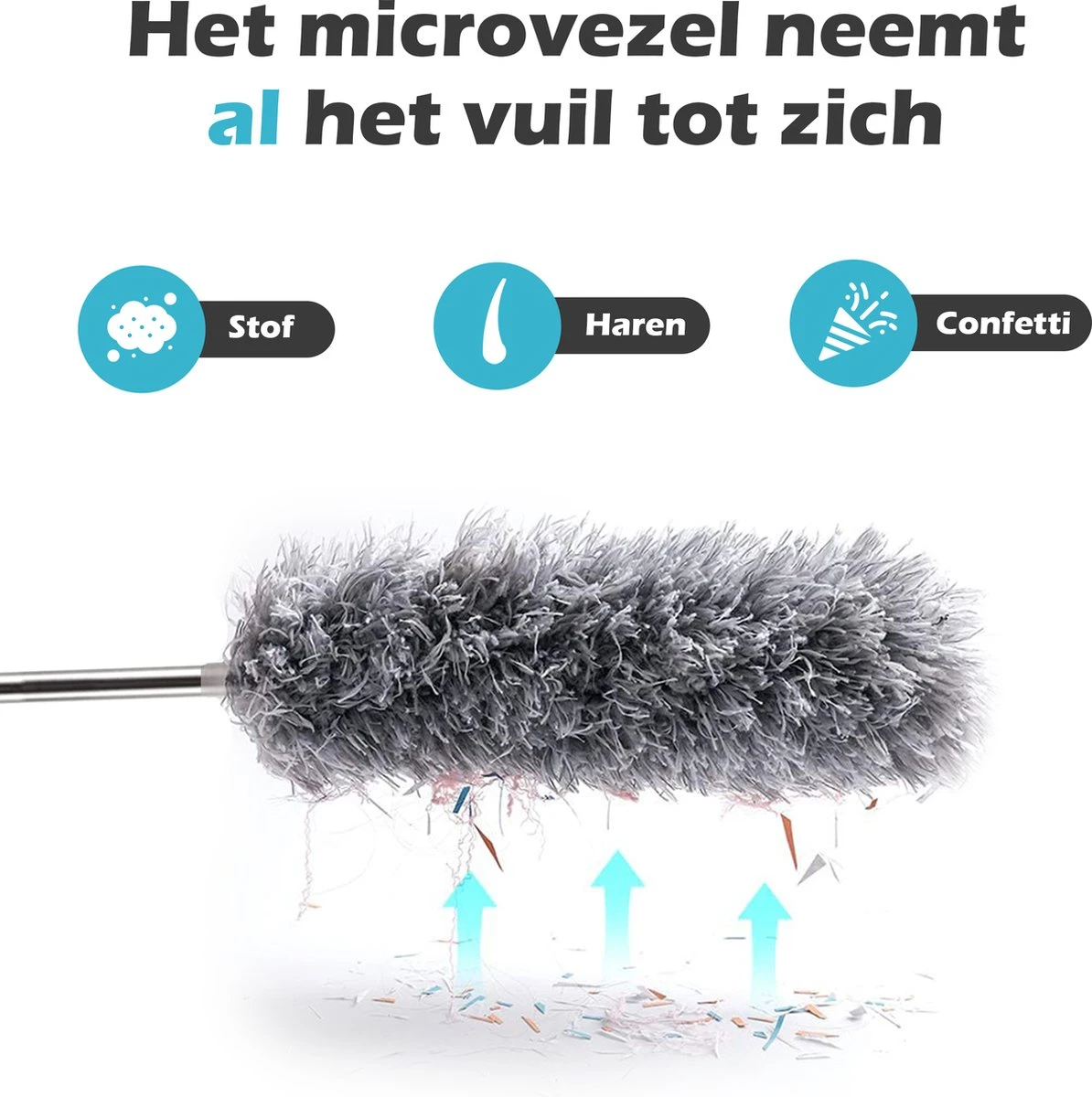 JUST23 Plumeau Uitschuifbaar Met Telescoopsteel – 60 Tot 140 Cm – Ragebol – Stoffer – Duster – Grijs – Incl. Microfiber Doek - Afbeelding 8