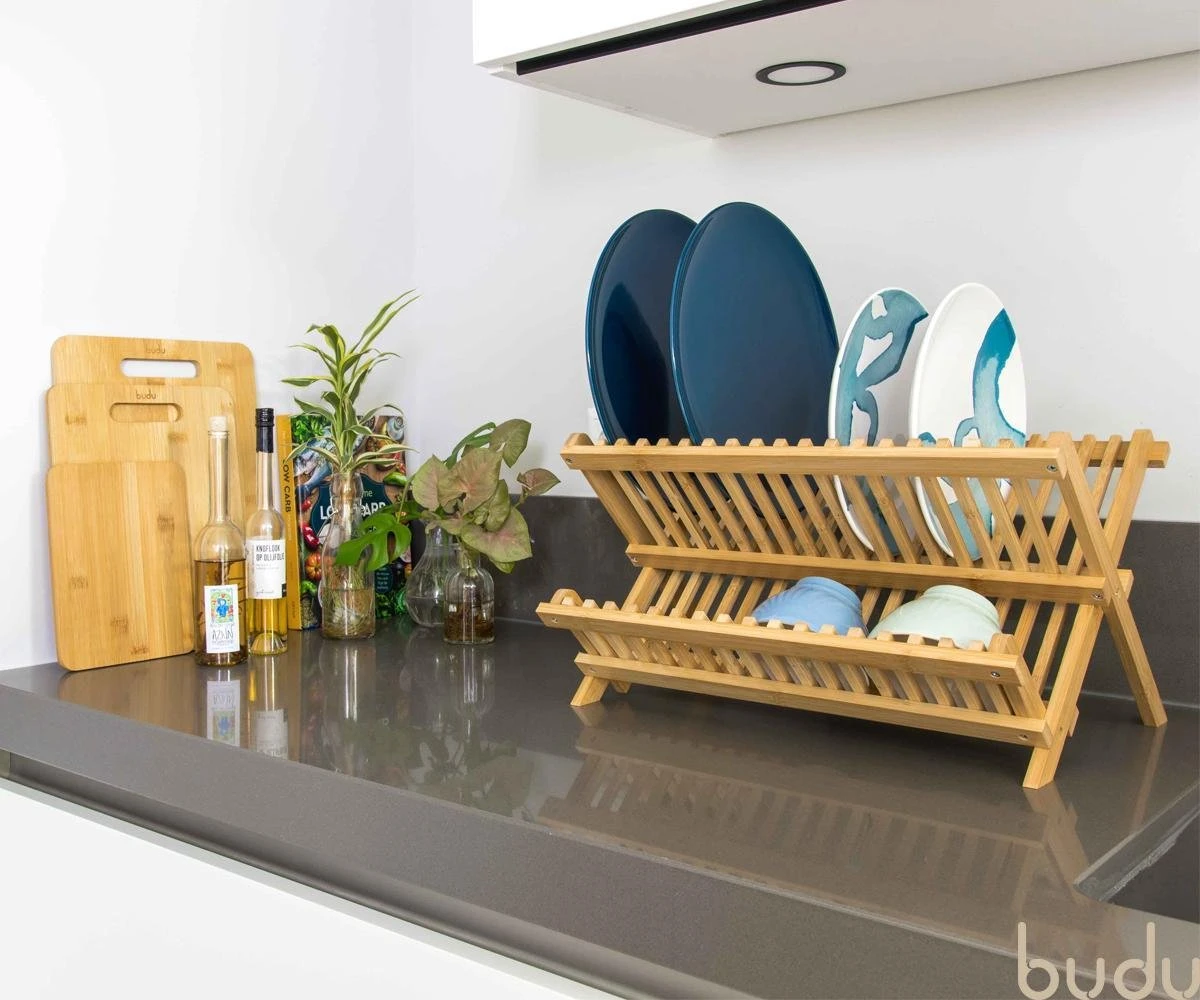Budu Afdruiprek - Afdruiprekje Van Bamboe Hout - Afdruiprek Voor Afwas - Vaatwasrek - Keukenrek - Inklapbaar - Opvouwbaar - - Afbeelding 2