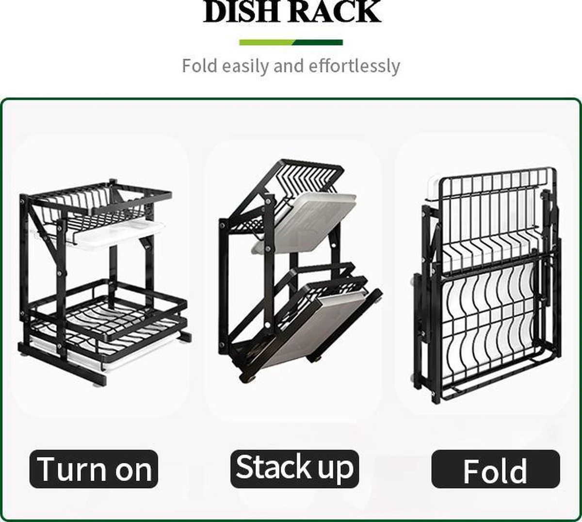 TammaT - Afdruiprek Met Lekbak 2 Laags – Inklapbaar - Afwasrek – Met 2 Lekbakken – Extra Accessories Voor Servies En Snijplanken - RVS - 38x35x26,5cm - Afbeelding 10