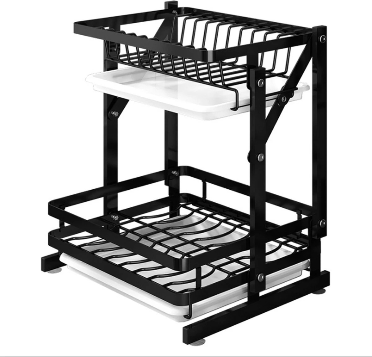 Doogo® Afdruiprek Met Lekbak 2 Laags – Inklapbaar - Muur Hangen Mogelijke - Afwasrek – Met 2 Lekbakken – Extra Accessories Voor Servies En Snijplanken - RVS - Afbeelding 2