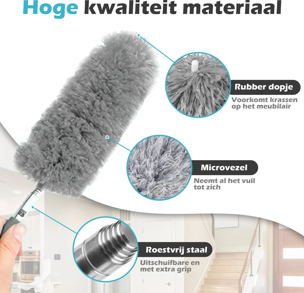 JUST23 Plumeau Uitschuifbaar Met Telescoopsteel – 60 Tot 140 Cm – Ragebol – Stoffer – Duster – Grijs – Incl. Microfiber Doek - Afbeelding 3