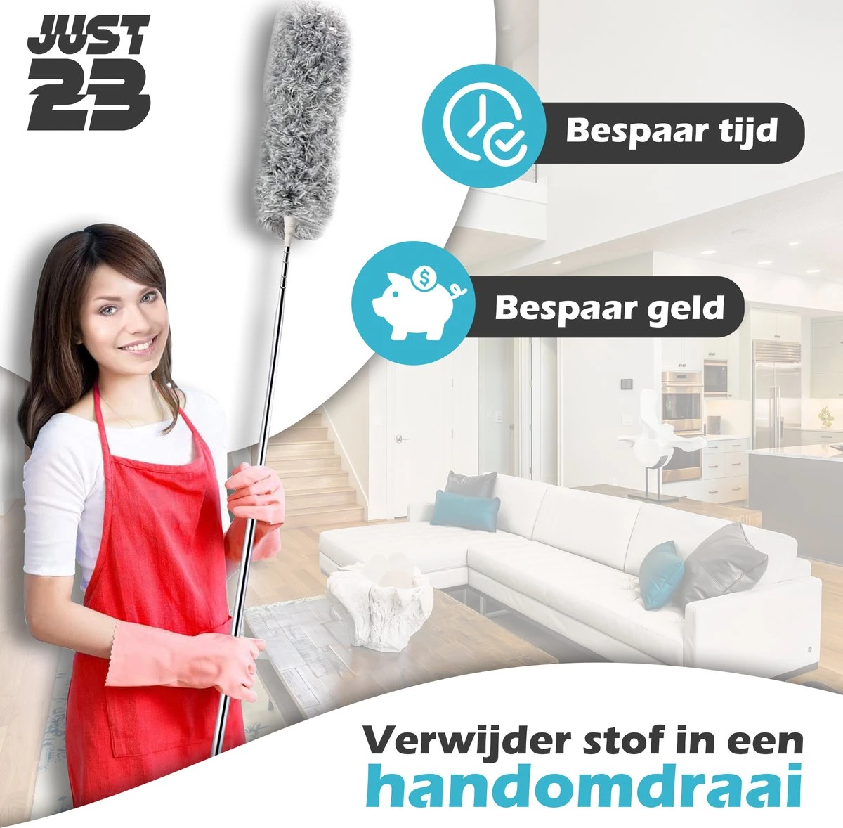 JUST23 Plumeau Uitschuifbaar Met Telescoopsteel – 60 Tot 140 Cm – Ragebol – Stoffer – Duster – Grijs – Incl. Microfiber Doek - Afbeelding 7