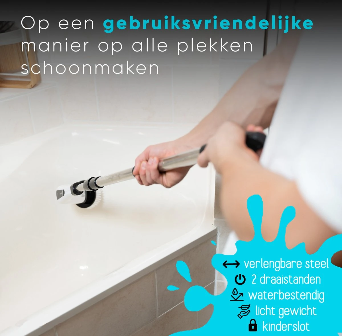Merkloos Scrubclean Elektrische Schoonmaakborstel-7 In 1 Schrobber Met Steel-2 Standen Poetsmachine-max 130cm-badkamer/keuken/auto +gratis Houder - Afbeelding 2