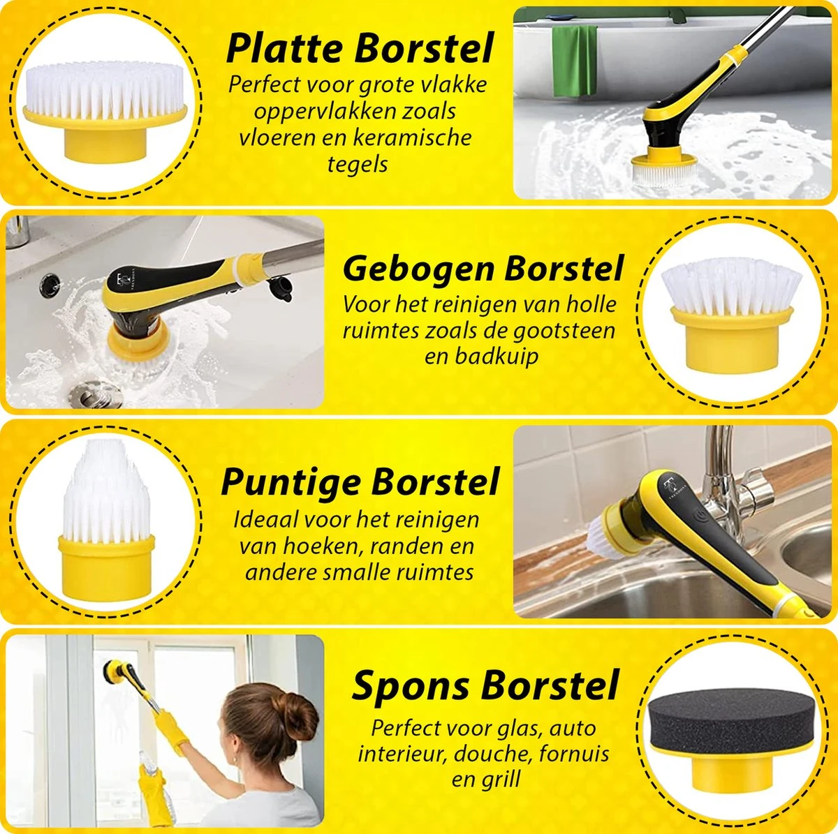 Trendosa Elektrische Schoonmaakborstel - Elektrische Schrobborstel - Poetsmachine - Handborstel - Scrubber- De Badkamer/Keuken/Auto- 10 Opzetstukken Geel - Afbeelding 6