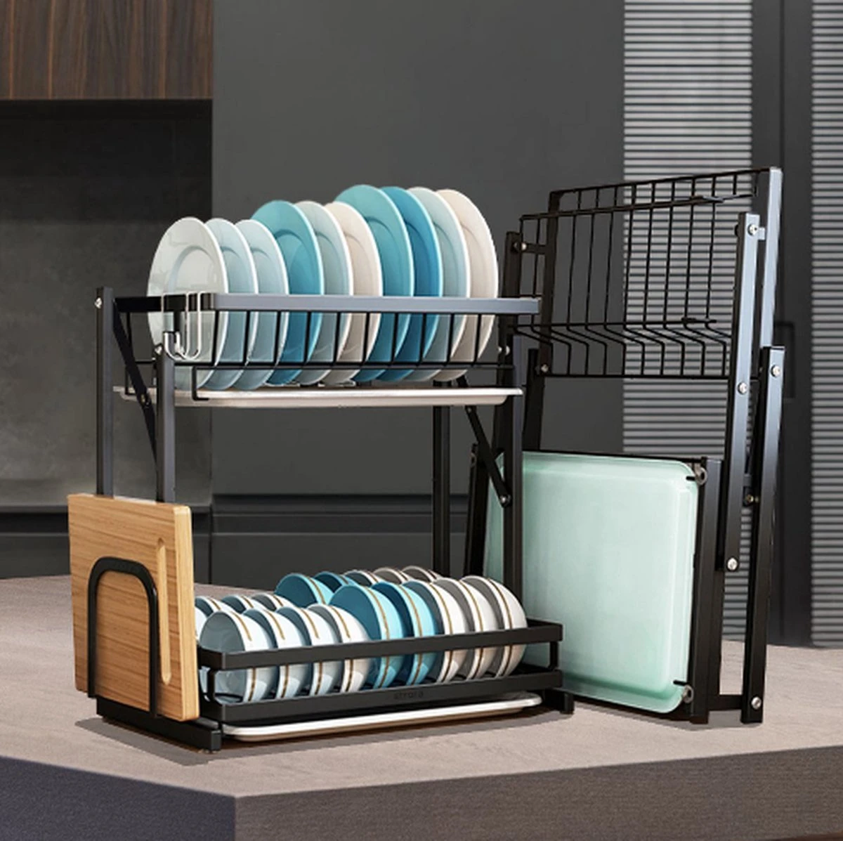 Doogo® Afdruiprek Met Lekbak 2 Laags – Inklapbaar - Muur Hangen Mogelijke - Afwasrek – Met 2 Lekbakken – Extra Accessories Voor Servies En Snijplanken - RVS - Afbeelding 10