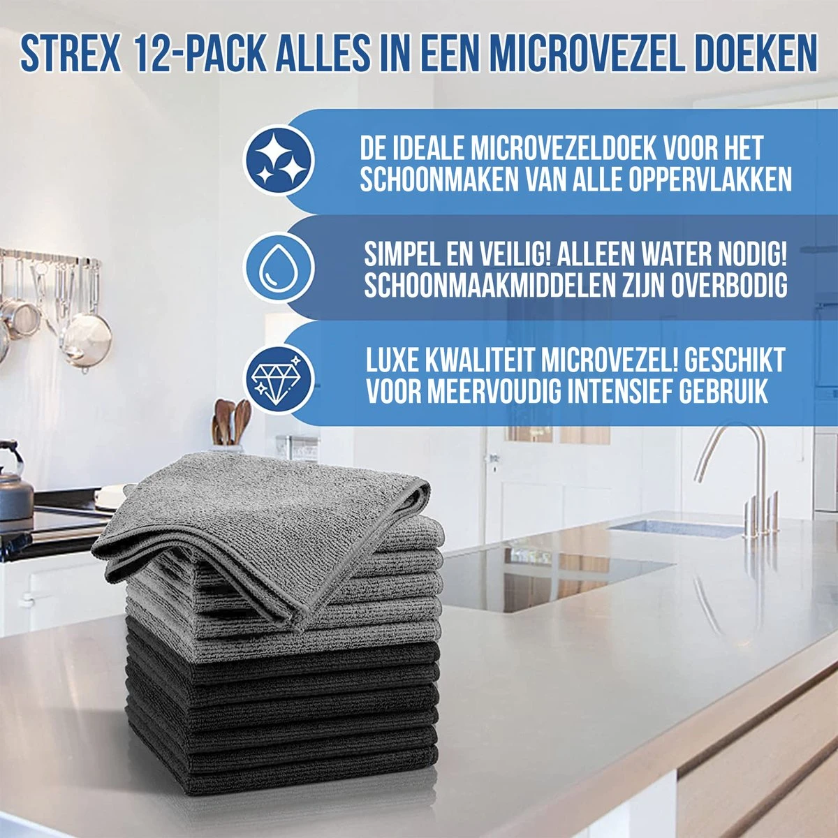 Strex Microvezeldoekjes - 12 Stuks 30 X 30 Cm - Wasbaar - Schoonmaakdoekjes - Schoonmaak / Auto - Afbeelding 2