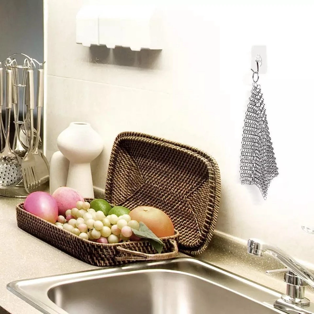 LOUZIR RVS Gietijzer Cleaner Voor Pannen - Metalen Borstel- Scrubmat- Zilver - Afbeelding 6