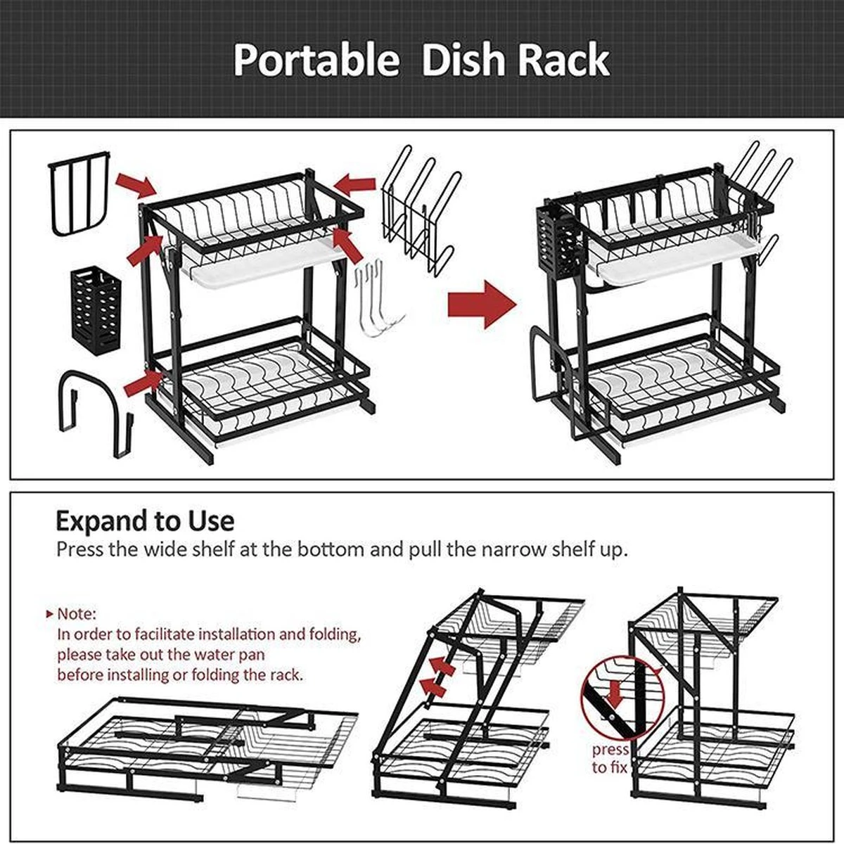 TammaT - Afdruiprek Met Lekbak 2 Laags – Inklapbaar - Afwasrek – Met 2 Lekbakken – Extra Accessories Voor Servies En Snijplanken - RVS - 38x35x26,5cm - Afbeelding 3