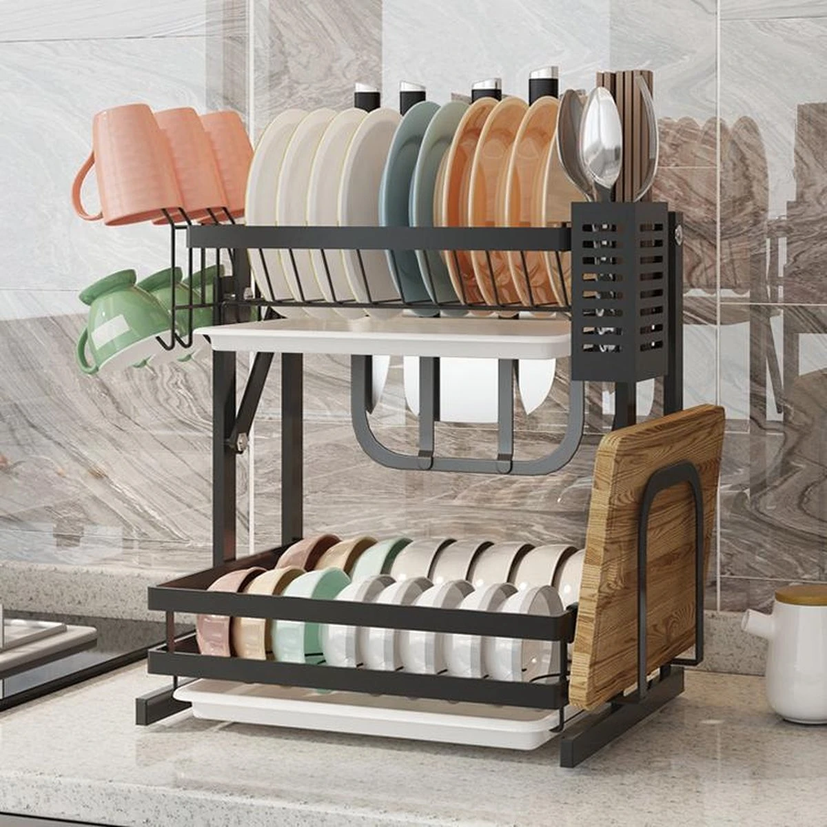 TammaT - Afdruiprek Met Lekbak 2 Laags – Inklapbaar - Afwasrek – Met 2 Lekbakken – Extra Accessories Voor Servies En Snijplanken - RVS - 38x35x26,5cm - Afbeelding 8