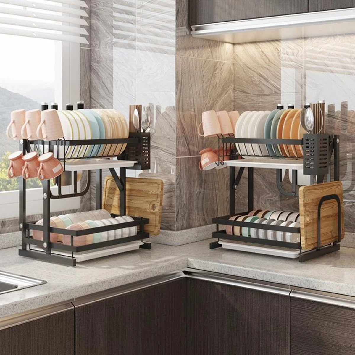 TammaT - Afdruiprek Met Lekbak 2 Laags – Inklapbaar - Afwasrek – Met 2 Lekbakken – Extra Accessories Voor Servies En Snijplanken - RVS - 38x35x26,5cm - Afbeelding 9