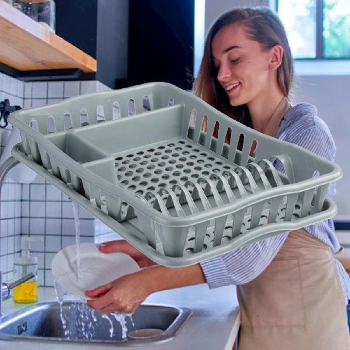 Merkloos Decopatent® Afdruiprek Voor Afwas - Afdruiprekje Met Lekbak - Kunststof Afdruipmat - Afwassen Borden & Bestek - 32.5x49x9 - Grijs - Afbeelding 3