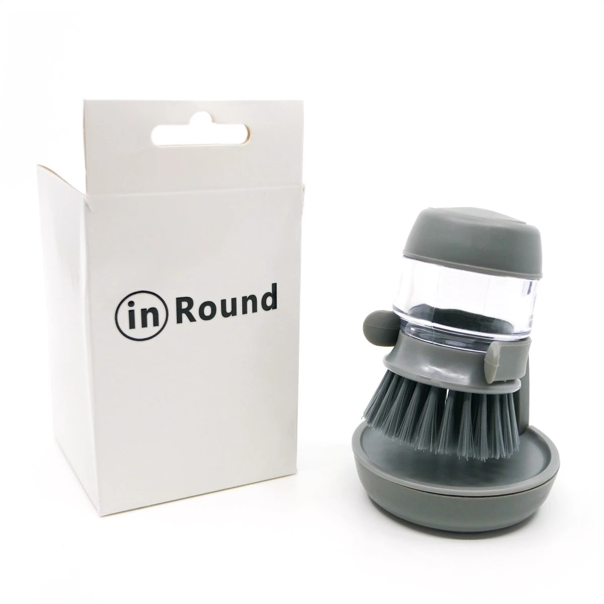 In Round Afwasborstel Met Zeepdispenser / Zeepreservoir – Inclusief Houder – Grijs – Afwas Borstel – Zeep Handborstel – Doseerpomp – Afwasmiddel Dispenser – Navulbaar - Afbeelding 2