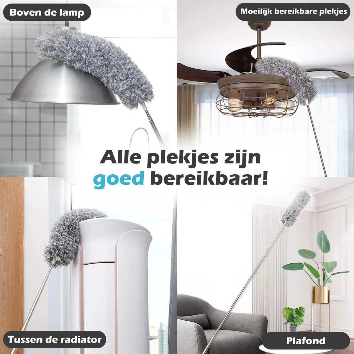 JUST23 Plumeau Uitschuifbaar Met Telescoopsteel – 60 Tot 140 Cm – Ragebol – Stoffer – Duster – Grijs – Incl. Microfiber Doek - Afbeelding 2