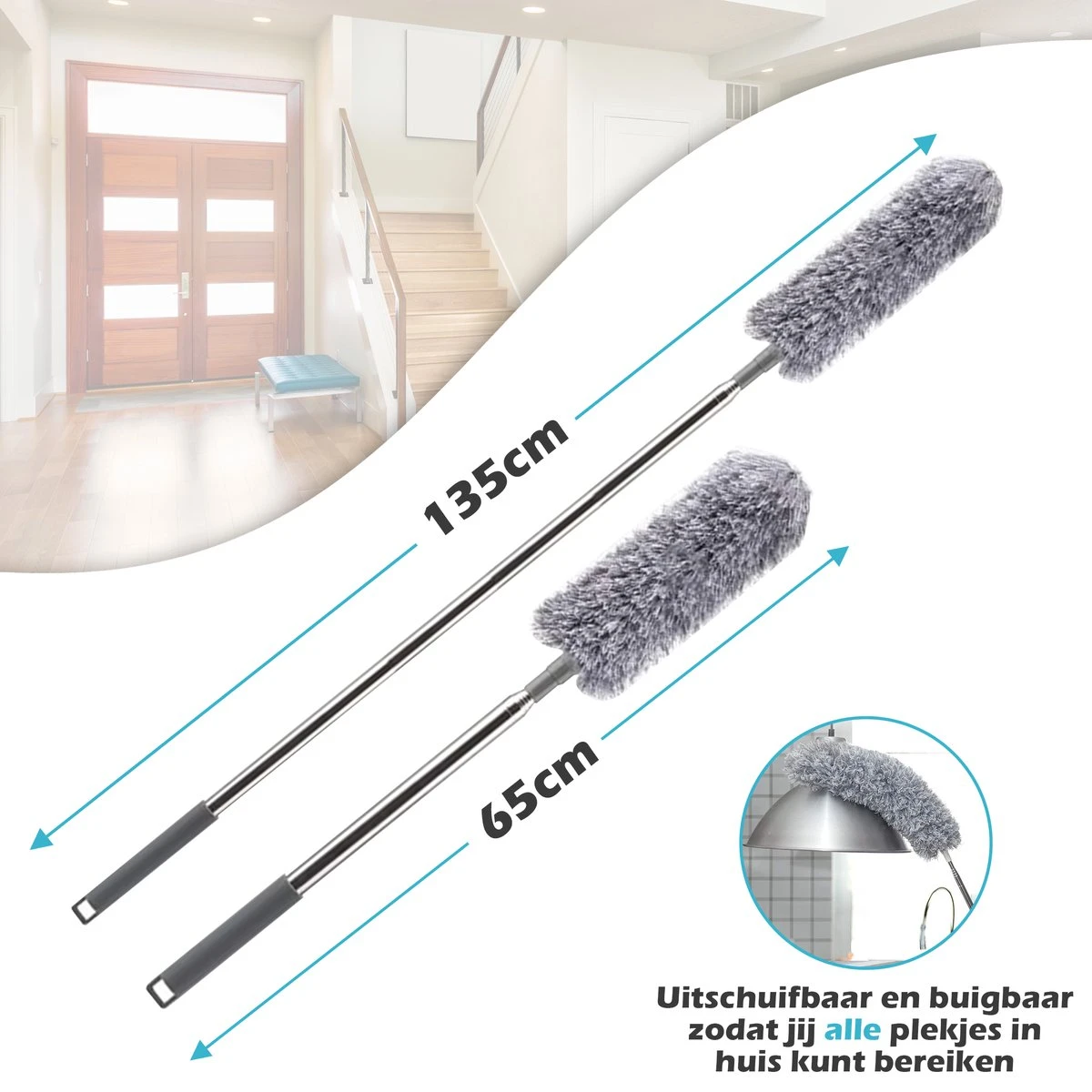 JUST23 Plumeau Uitschuifbaar Met Telescoopsteel – 60 Tot 140 Cm – Ragebol – Stoffer – Duster – Grijs – Incl. Microfiber Doek - Afbeelding 4