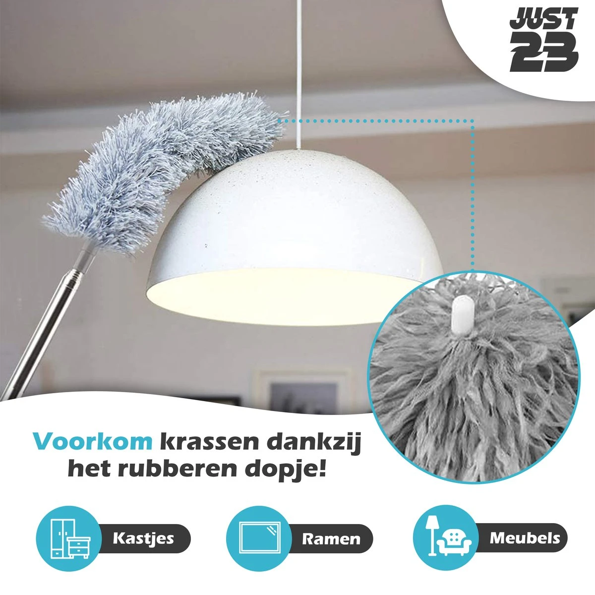 JUST23 Plumeau Uitschuifbaar Met Telescoopsteel – 60 Tot 140 Cm – Ragebol – Stoffer – Duster – Grijs – Incl. Microfiber Doek - Afbeelding 5
