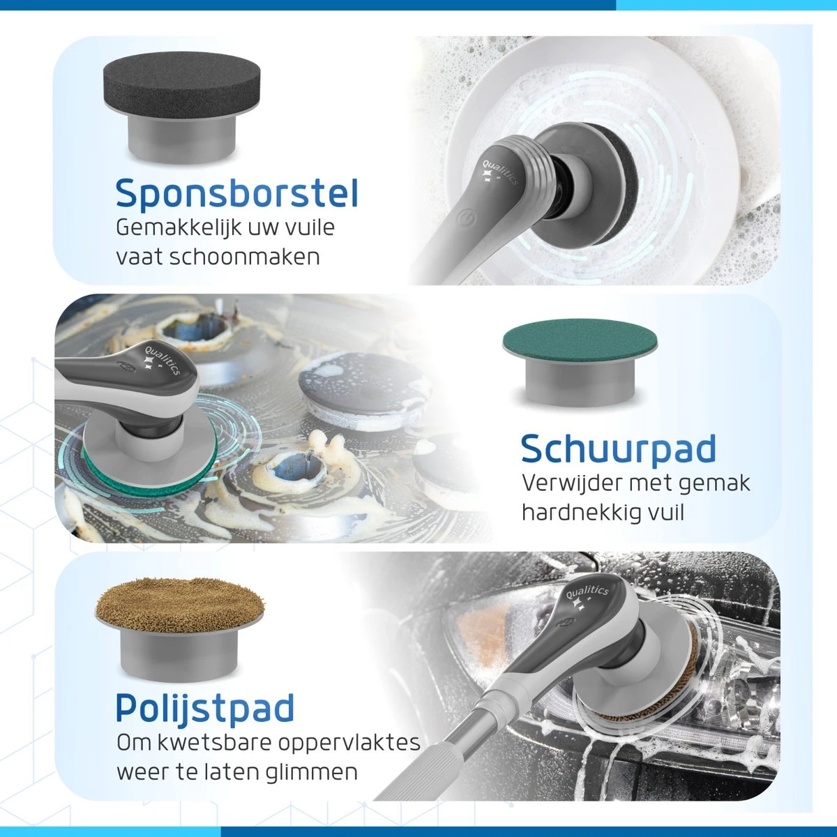 Qualitics Elektrische Schoonmaakborstel - Roterende Polijstmachine - Schrobborstel - Poetsmachine - Vloerreiniger Met 10 Opzetstukken - Afbeelding 4