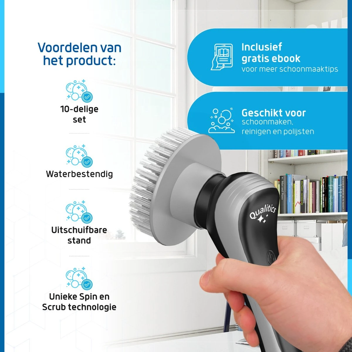 Qualitics Elektrische Schoonmaakborstel - Roterende Polijstmachine - Schrobborstel - Poetsmachine - Vloerreiniger Met 10 Opzetstukken - Afbeelding 8