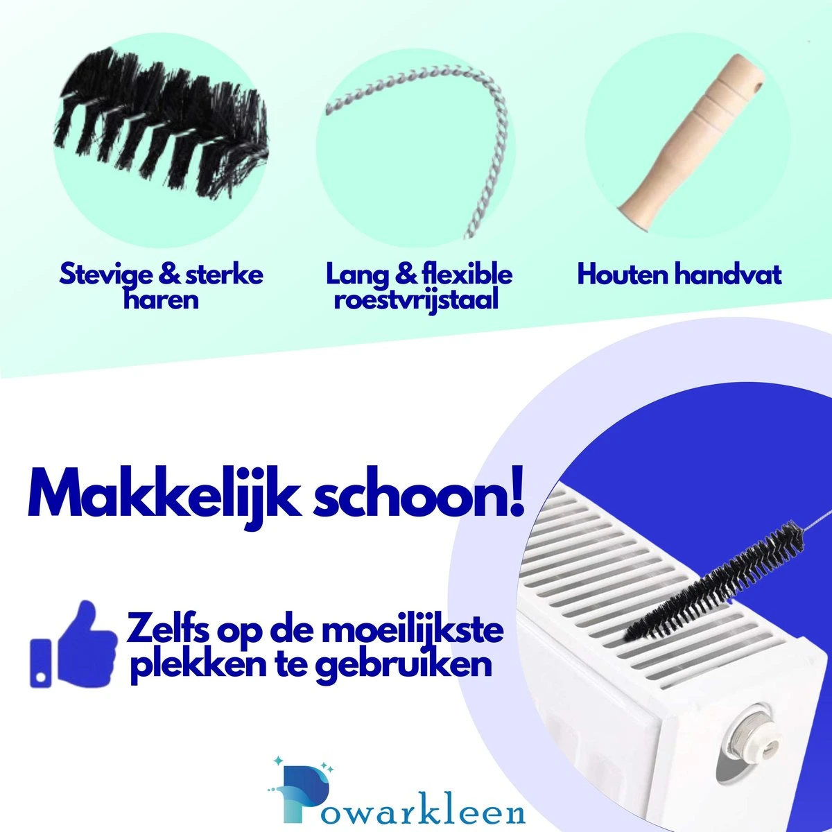 Powarkleen® - Radiatorborstel - Flexibel - Houten Handvat - Roestvrijstaal - Schoonmaakborstel - 70cm Lang! - 1 Stuk - Afbeelding 2