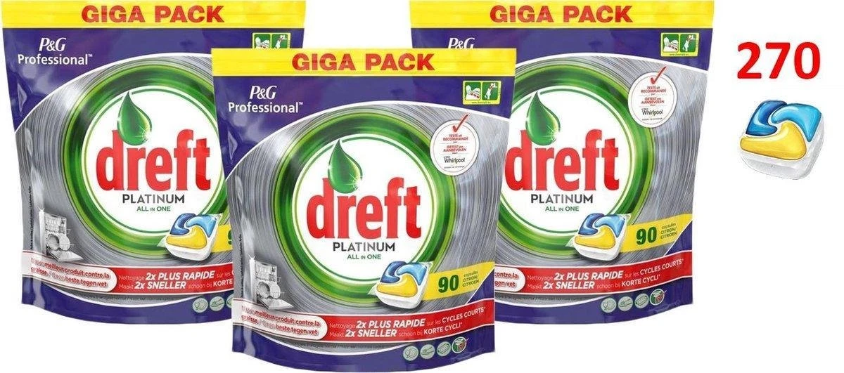 Dreft Platinum - All In One Lemon Voordeeldeal 270 Vaatwastabletten / Jaardoos / Megadeal / Voordeeldoos - Afbeelding 2