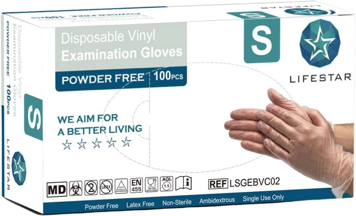 LifeStar-Vinyl Wegwerphandschoenen-100 St.-poedervrij-transparant-Maat M- Beschikbaar S-M-L-XL