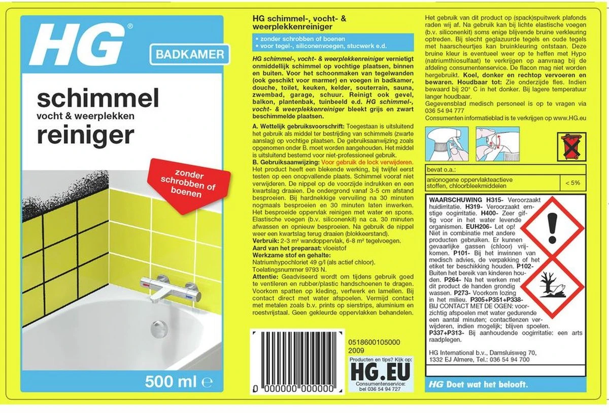 HG Schimmelreiniger - 500ml - De NR 1 Schimmelverwijderaar - Vernietigt De Hardnekkigste Schimmel - Geschikt Voor De Badkamer, Tegel-, Siliconenvoegen, Stucwerk - Afbeelding 2
