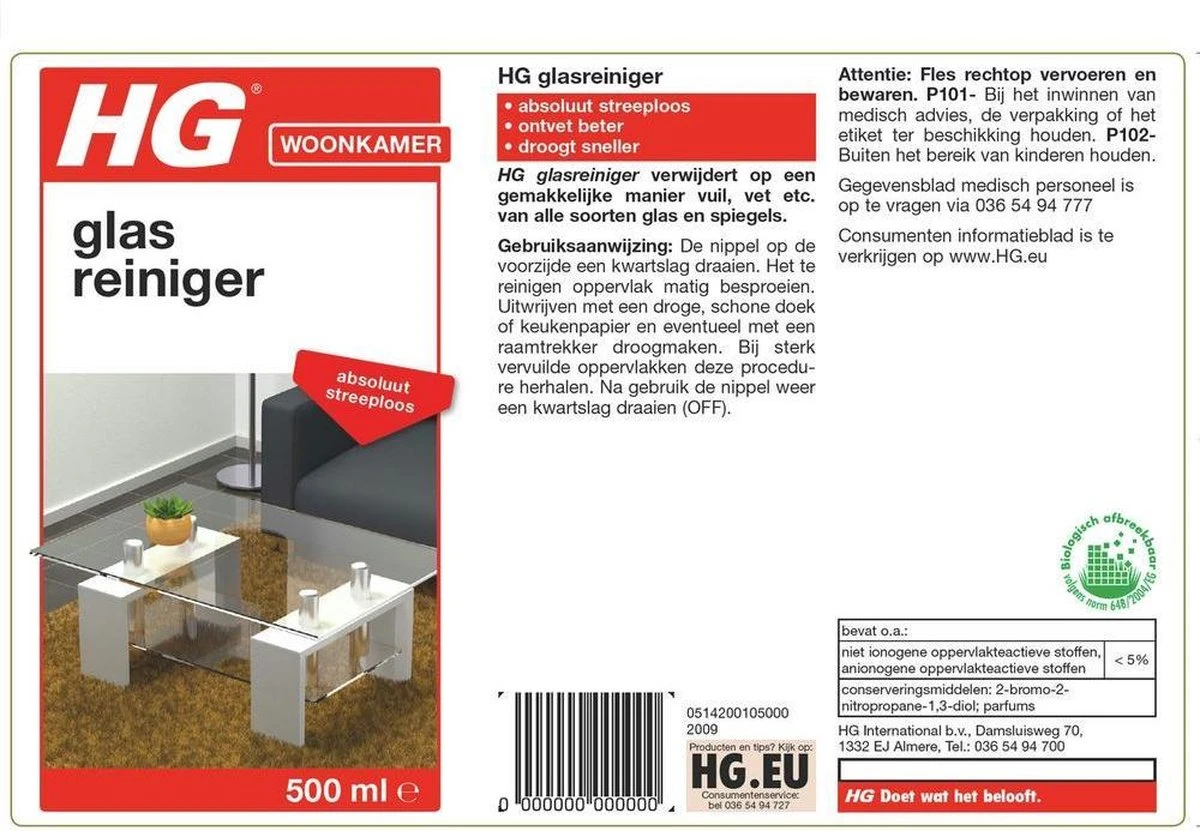 HG Glasreiniger - 500ml - 100% Streeploze Glans - Snel Droog - Afbeelding 2