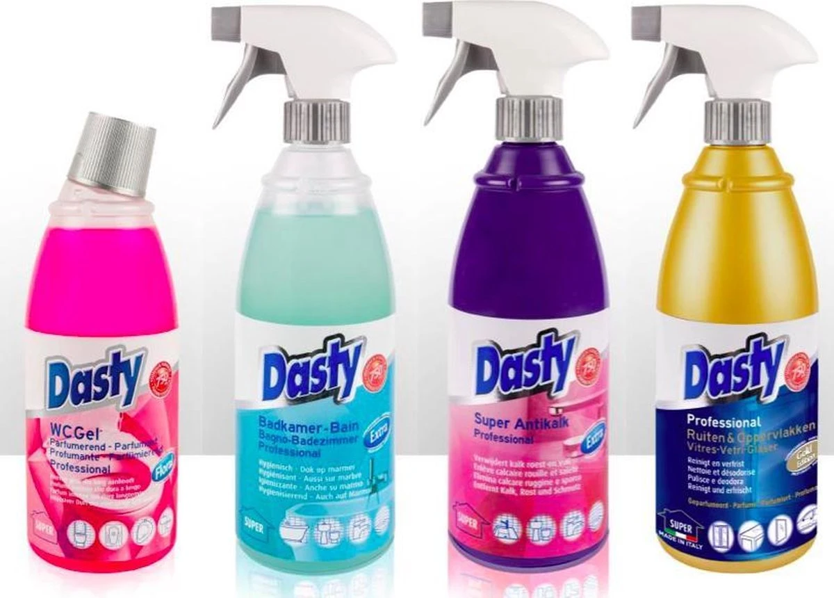 Dasty Keuken+Badkamer Pakket 8 Stuks: WC-gel + Super Antikalk + Ruiten En Oppervlakten + Badkamerreiniger + Afwas Super Ontvettend + RVS- En Inductiekookplatenreiniger + Ruiten En Oppervlakten + Allesreinigende Gel + GRATIS Set Sponzen - Afbeelding 3