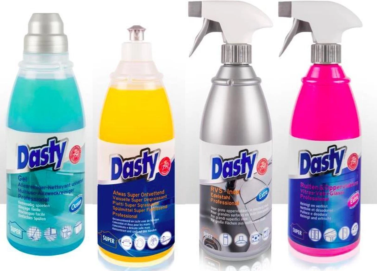 Dasty Keuken+Badkamer Pakket 8 Stuks: WC-gel + Super Antikalk + Ruiten En Oppervlakten + Badkamerreiniger + Afwas Super Ontvettend + RVS- En Inductiekookplatenreiniger + Ruiten En Oppervlakten + Allesreinigende Gel + GRATIS Set Sponzen - Afbeelding 2